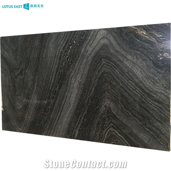 Polished Black Wood Silver Wave Brown Marble