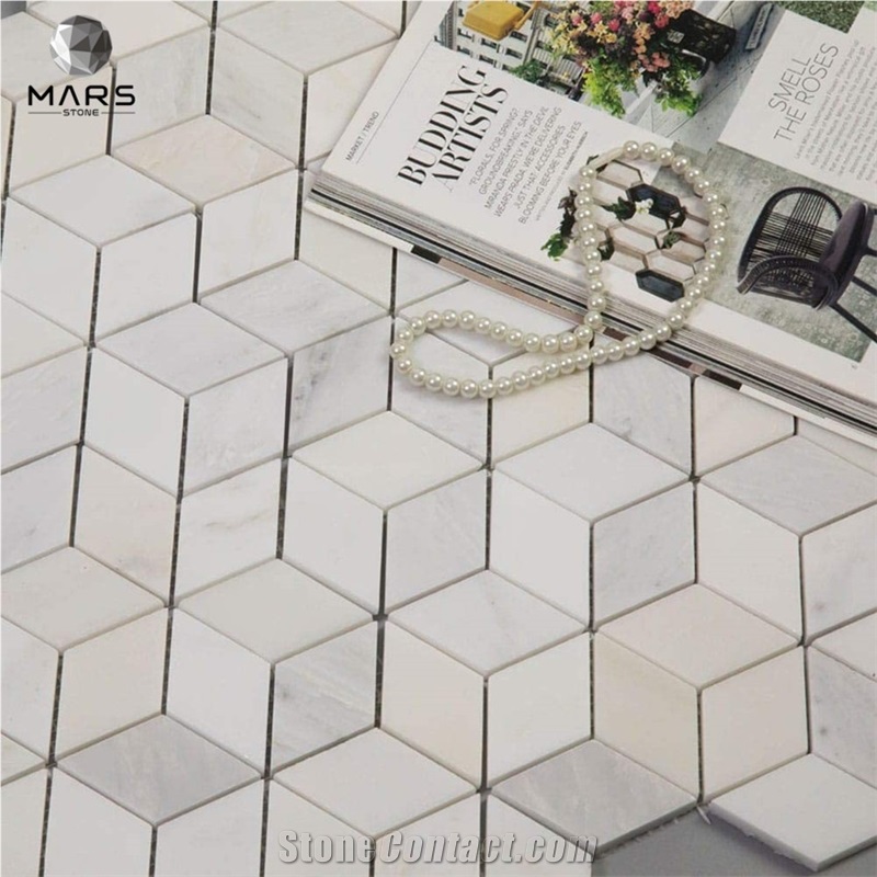 Asian Carrara White Venato Bianco Marble Rhombus Mosaic