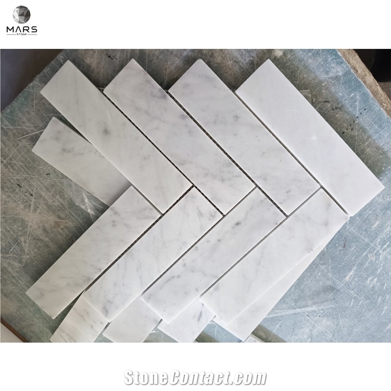 Carrara White Marble Herringbone Kitchen Backsplash Mosaic