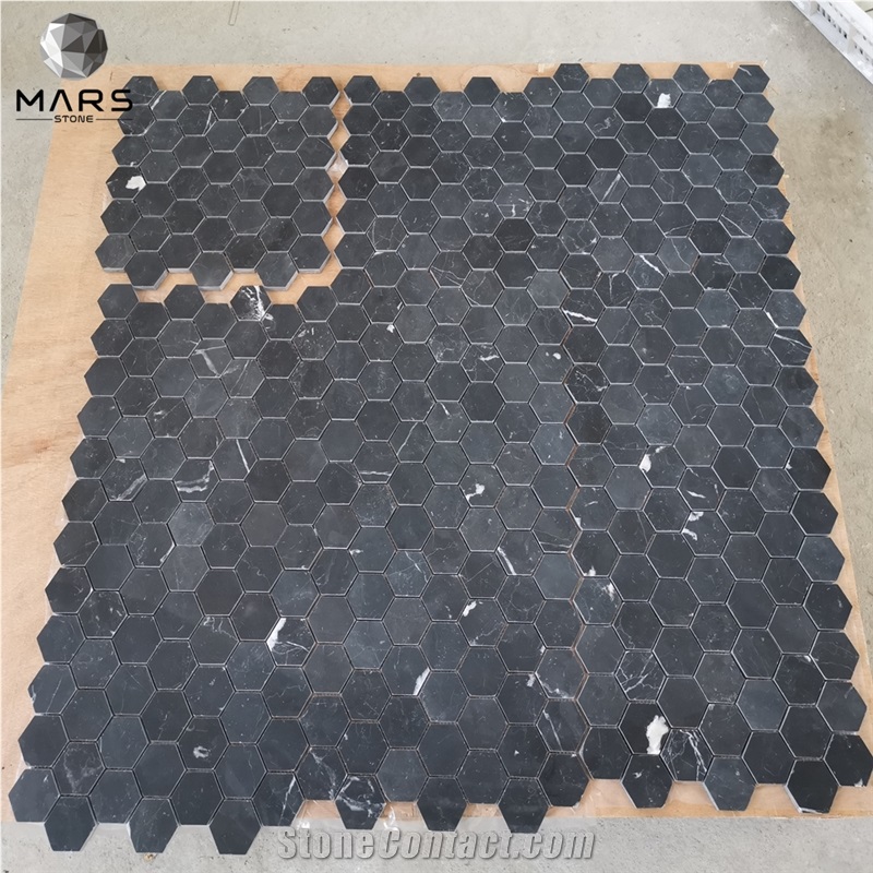 Chinese Black Marble Tile With White Veins Mosaic Hexagonal