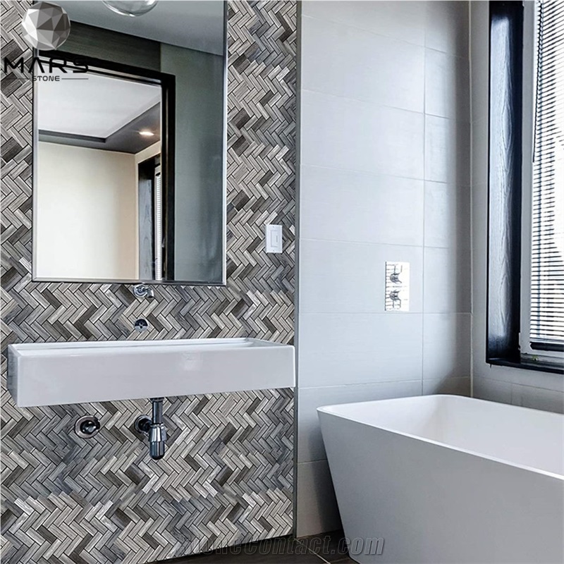 Herringbone Marble Mosaic Tile For Bathroom