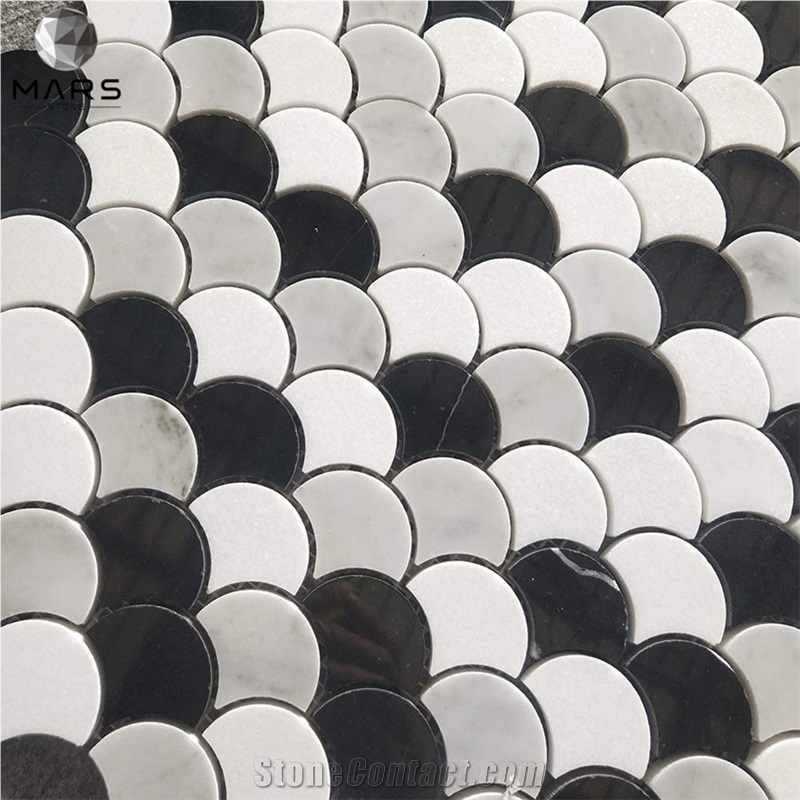 Italian White Black Water-Jet Fish Scale Marble Mosaic Tile