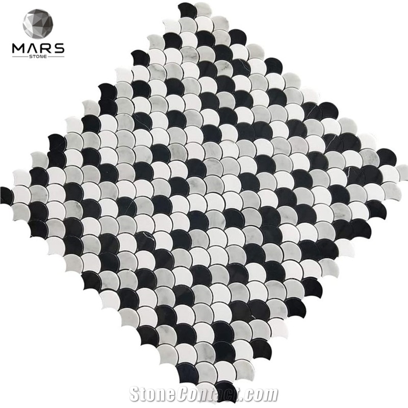 Italian White Black Water-Jet Fish Scale Marble Mosaic Tile