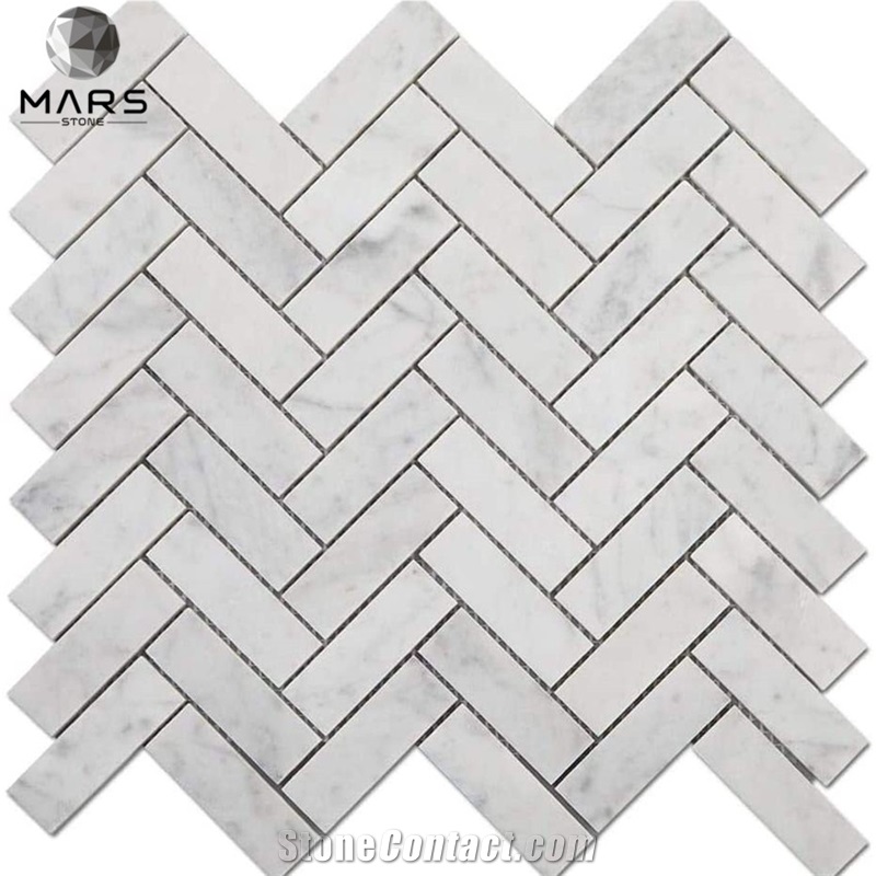 Italian White Carrara Marble 1 X 3 Herringbone Mosaic Tile