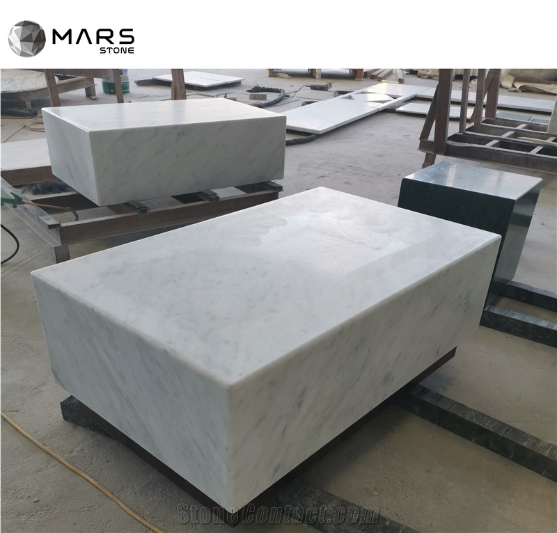 White Carrara Bianco Marble Coffee Table Set In Living Room