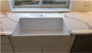 White Calacatta Quartz With Grey Veins Kitchen Countertop