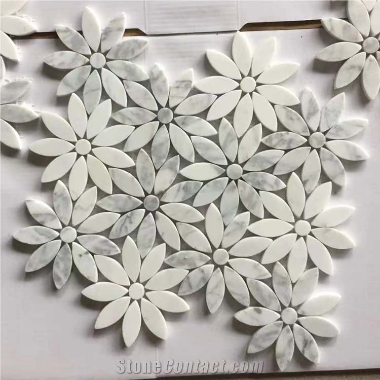 Carrara White Marble Waterjet Flower Mosaic Tiles