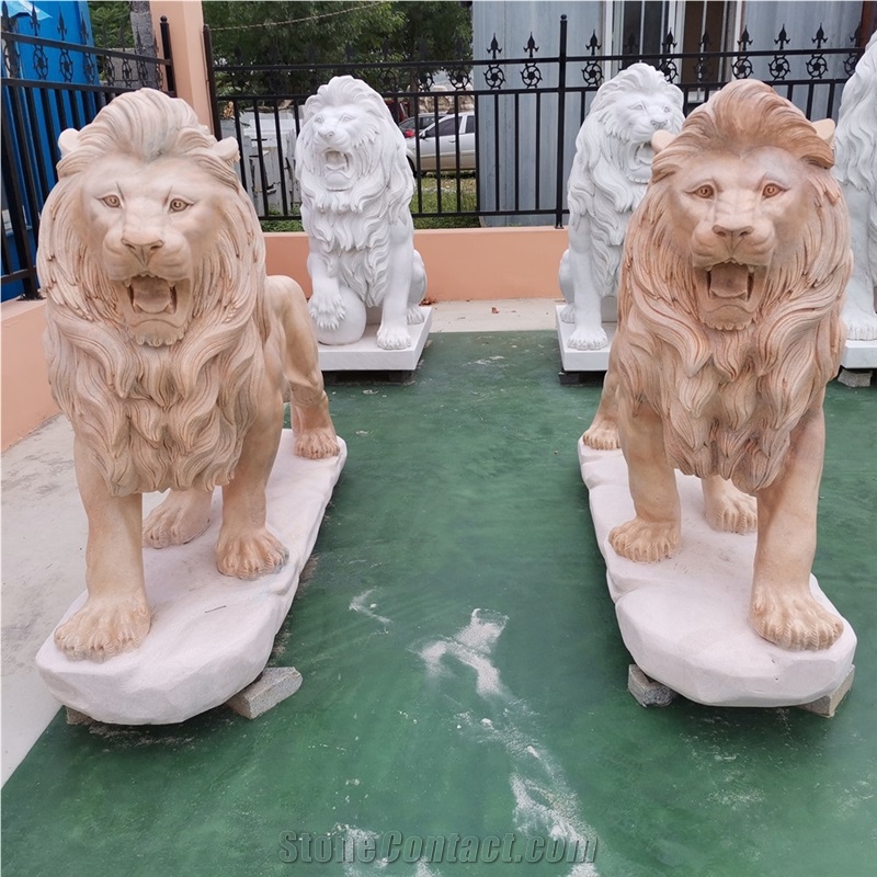 Customized Designs Sunset Red Marble Life Size Lion Statue