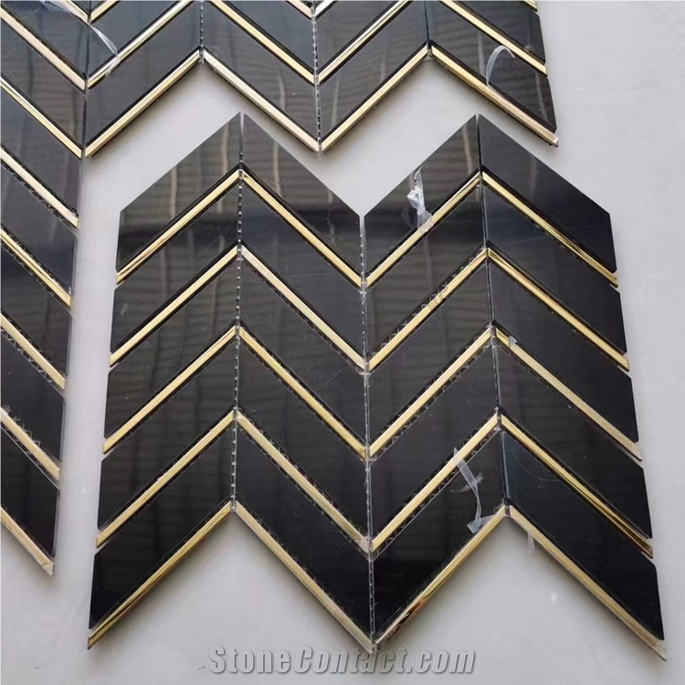 Herringbone Nero Marquina Black Marble  Mosaic Pattern