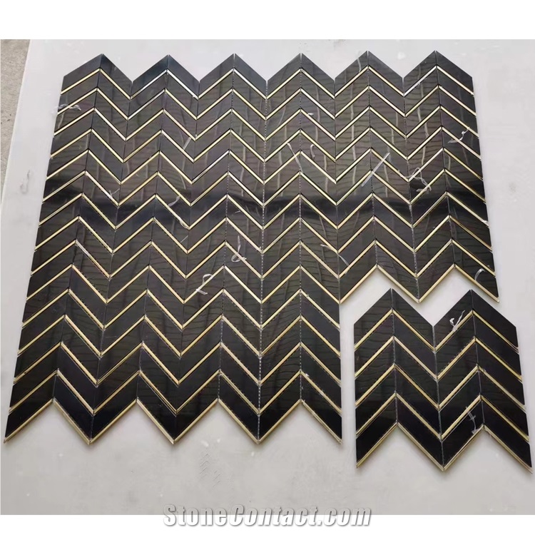 Herringbone Nero Marquina Black Marble  Mosaic Pattern