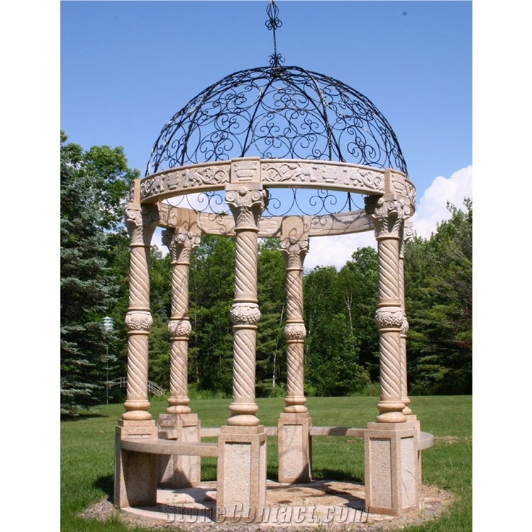 Outdoor Beige Marble Stone Column Gazebo, Garden Pavilion