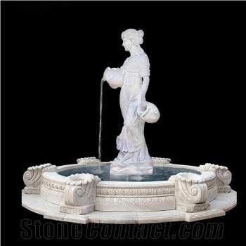 Outdoor White Marble Garden Water Fountain With Round Pool