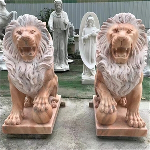 Sunset Red Marble Front Door Lion Statue Sculpture