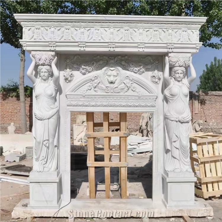 White Marble Angel Carved  Fireplace Mantel