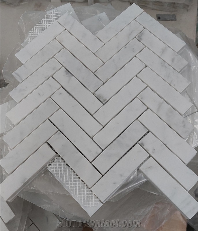 Herringbone White Marble Mosaic Tiles