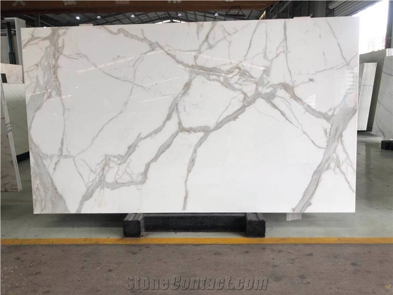 Nano Glass Slab Tiles Calacatta Pure White 