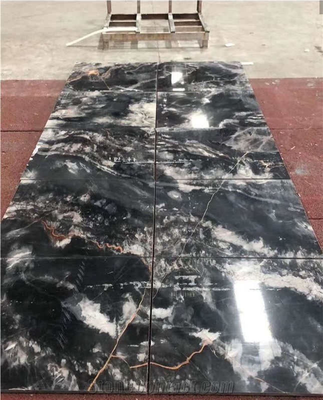 China Fantasy Black Sea Wave Marble Slab Tiles Polished 