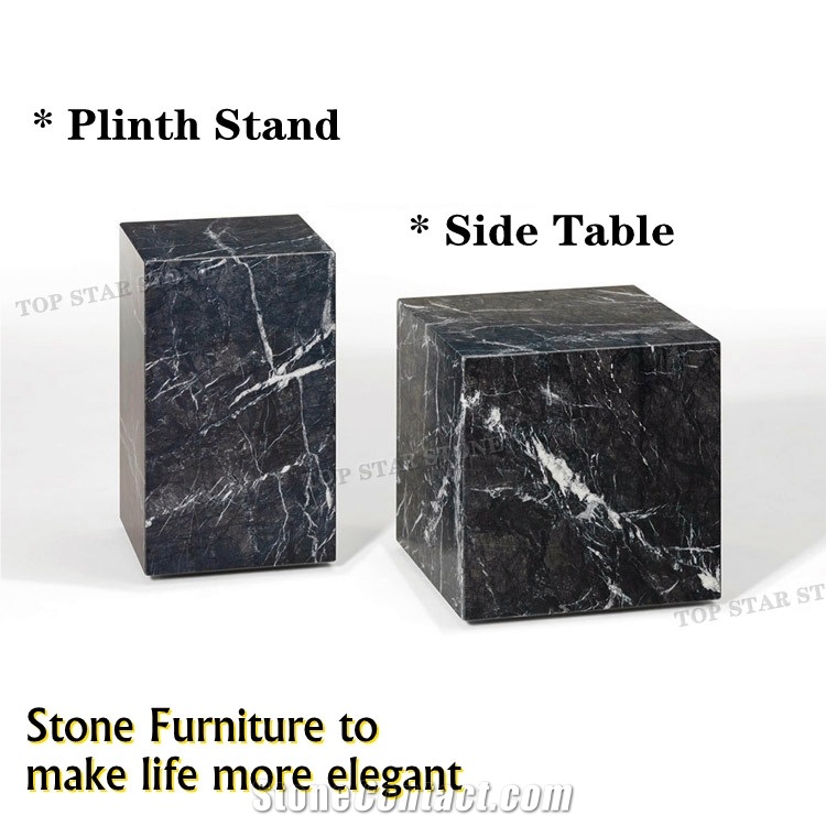 Modern Furniture Stone Side Table, Nero Marquina Marble Natural Stone Plinth Stand