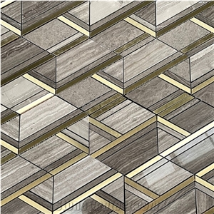 Coffee Wood Marble Mix Brass Metal Bathroom Mosaic Tiles