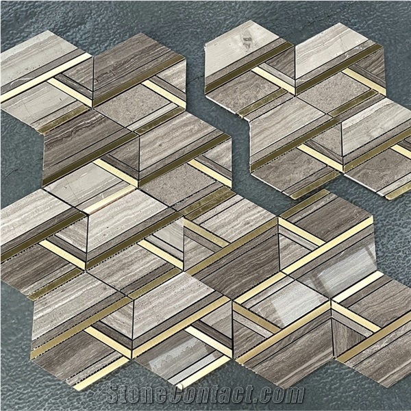 Coffee Wood Marble Mix Brass Metal Bathroom  Mosaic Tiles