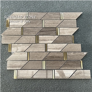 Exclusive Design Coffee Wood Marble Mix Brass Mosaic Tiles