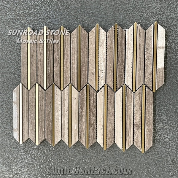 Exclusive Design Coffee Wood Marble  Mix Brass Mosaic Tiles