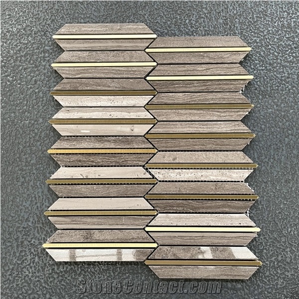 New Arrival Coffee Wood Marble Mix Brass Mosaic Wall Tiles