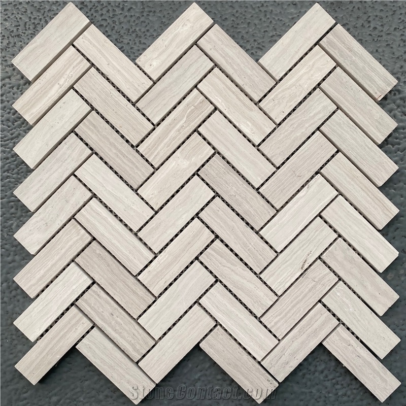White Wood Marble Mosaic Herringbone Floor Tiles