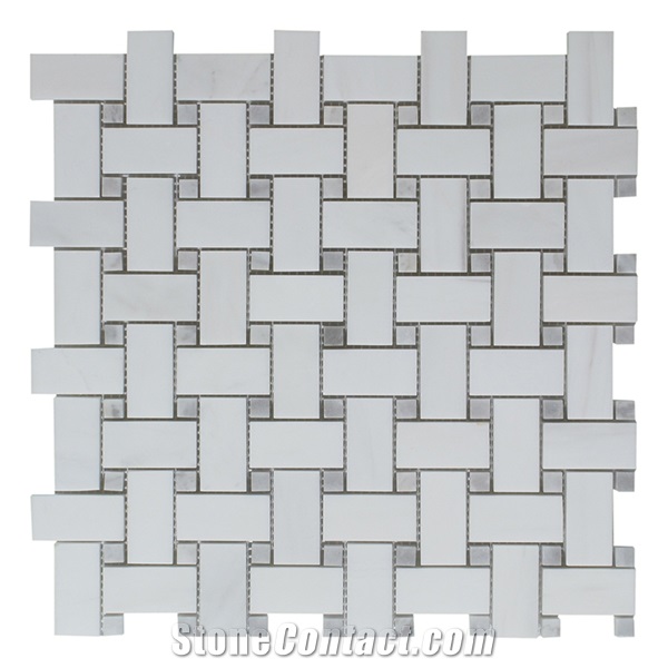 Bianco Dolomite Marble W/Grey Basketweave Mosaic Tile