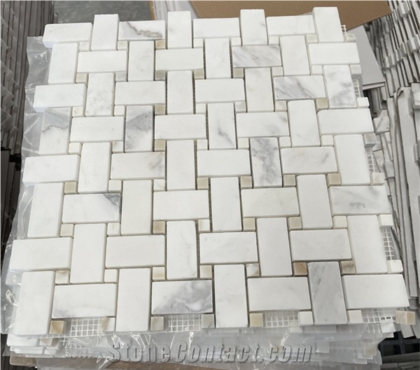 Calacatta Gold Marble Basketweave Mosaic Tile
