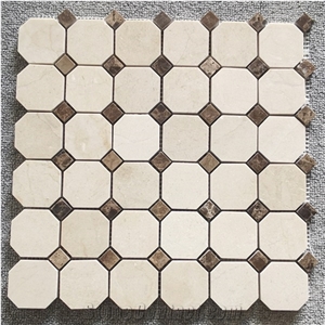 Crema Marfil Marble Octagon Brown Dots Mosaic Tile