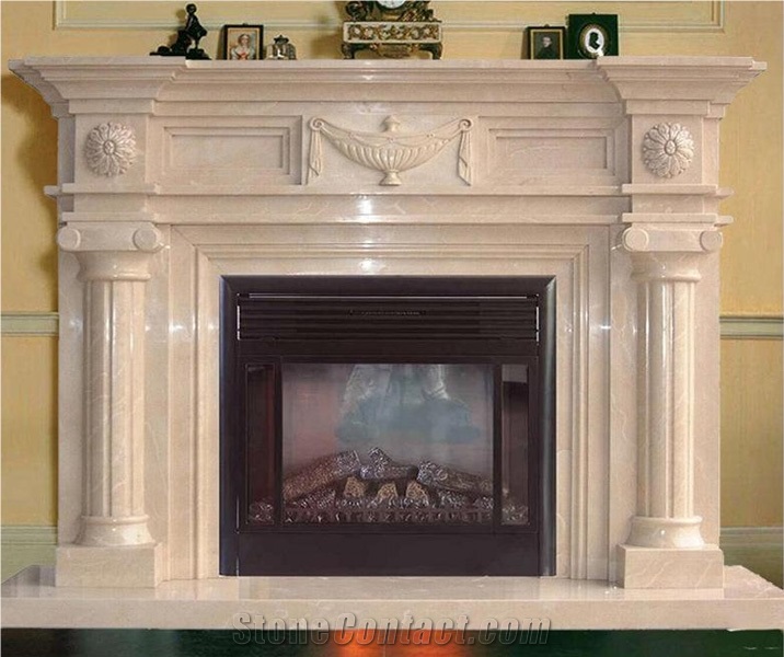 Beige Marble Fireplace Mantel With Sculptured Column