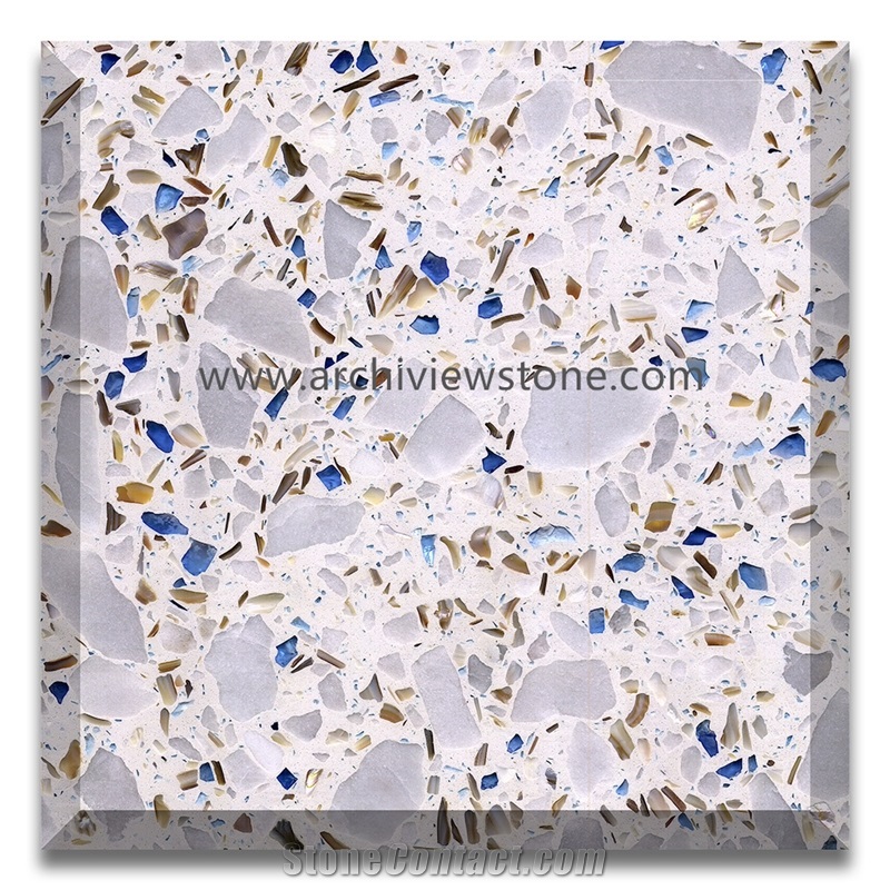 Blue Crystal White Cement Terrazzo Tiles Slabs
