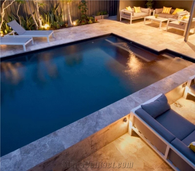 Silver Travertine Pool Deck Pavers And Pool Coping