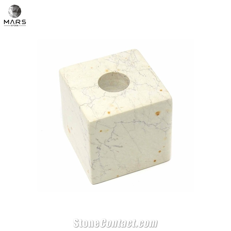 Hand Carved Cube Small Natural White Stone Candle Holder