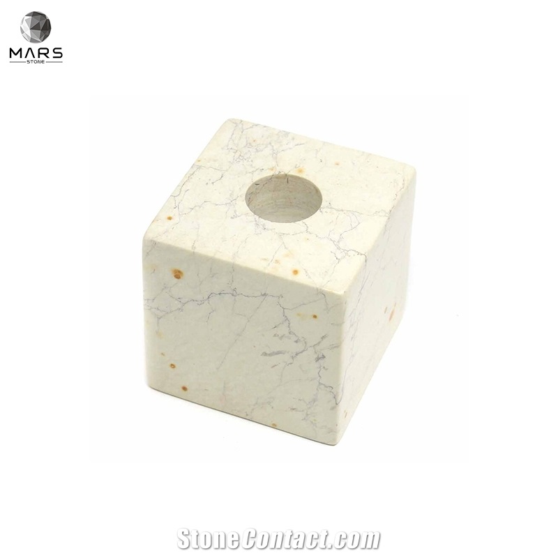 Hand Carved Cube Small Natural White Stone Candle Holder