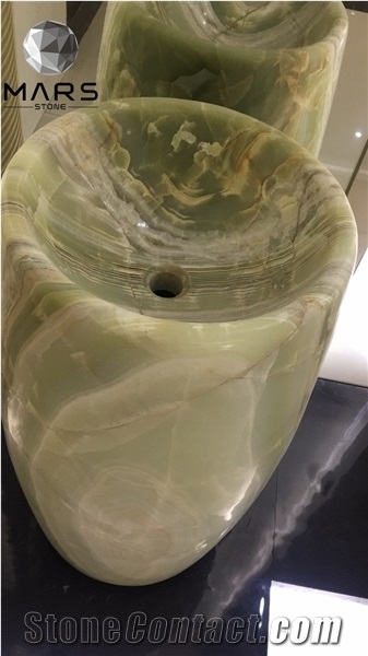 Luxury Pure Green Onyx Freestanding Barrel Pedestal Sinks
