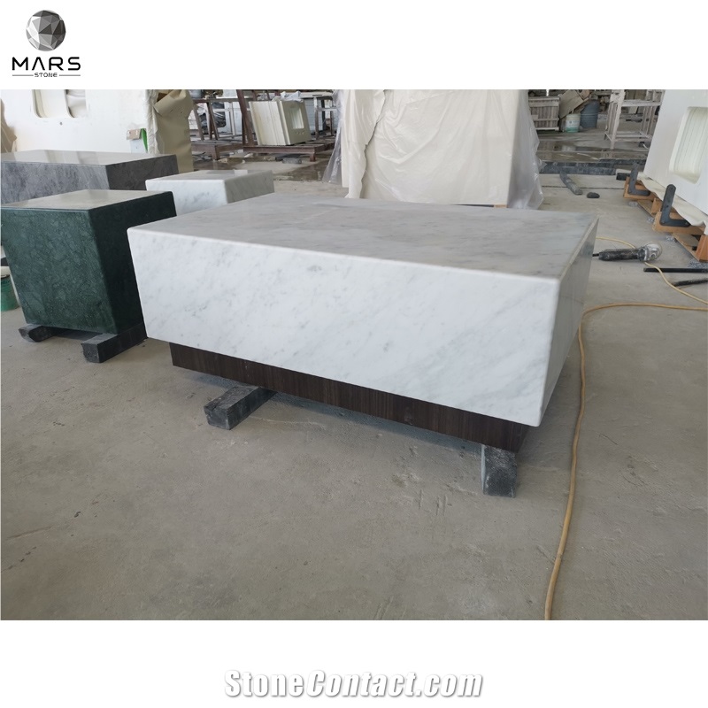 Natural Bianco Carrara White Marble Table With Wooden Base