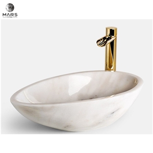 Natural Italian Carrara White Marble Oval Shape Design Sink