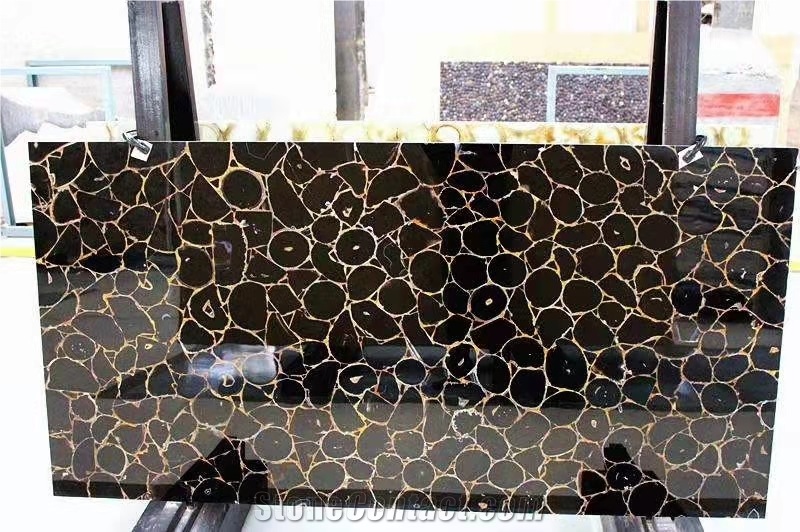 Black Agate Semiprecious Stone Slab Gemstone Wall Panel