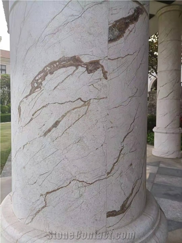 Beige Marble Column Roman Sculptured Carved Column