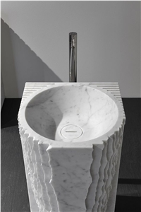 Hotel Bathroom Carrara White Marble Pedestal Round Sink