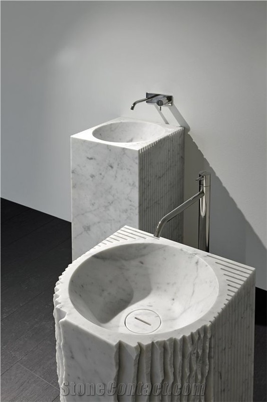 Hotel Bathroom Carrara White Marble Pedestal Round Sink