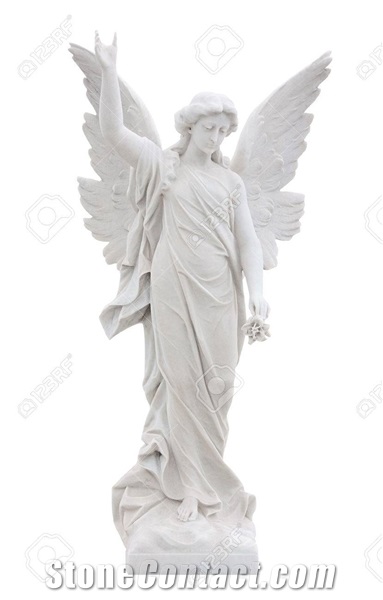 Natural Stone Wings Sculpture White Marble Angel Statues