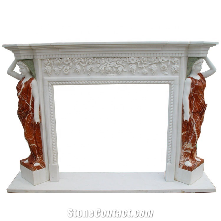Polished Italian Arabescato White Marble Fireplace Mantel