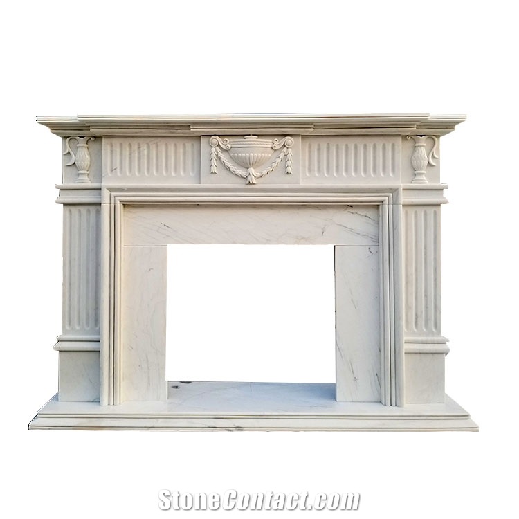 Polished Italian Arabescato White Marble Fireplace Mantel