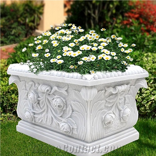 White Decorative Garden Large Square Marble Flowerpot