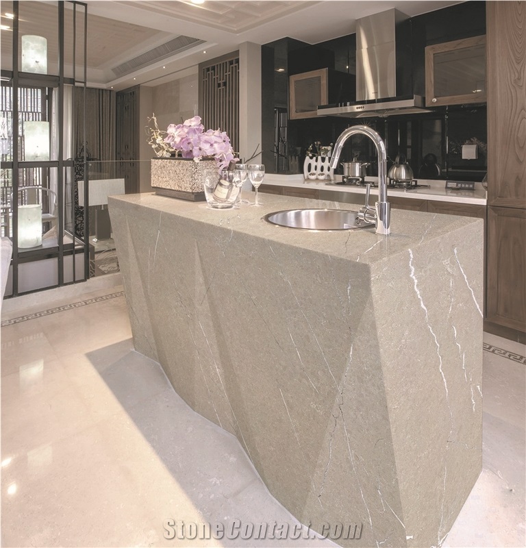 Grey Artificial Quartz Stone Kitchen Worktops Island Tops