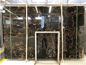 Athens Portoro Black Marble Slabs Gold Flower Veins Tile