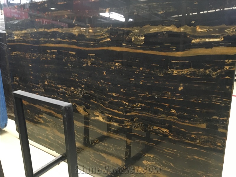 China Portoro Black Gold Veins Flower Marble Slab And Tile